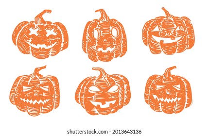 Juego de calabaza de Halloween. Estilo dibujado a mano. Ilustraciones vectoriales.	