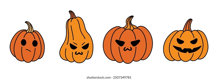 Halloween pumpkin set. Hand drawn vector illustrations. Autumn decorative design.