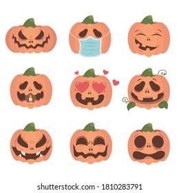 Halloween pumpkin set isolated on white background. Pumpkins with different faces : scary, in medical face mask, laughs, in love, evil, fright. Happy halloween icon set. Vector flat illustration.