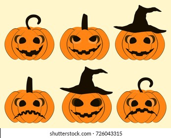 Halloween pumpkin set isolated on white background. Jack o lantern icons. Vector illustration