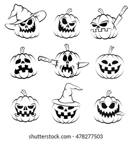 Halloween pumpkin set. Jack-o'-lantern. Black-and-white isolated images in stamp style.