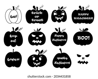 Halloween pumpkin set with lettering and carved faces. Vector illustration. 