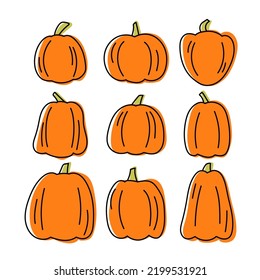Halloween pumpkin set on white isolated background, linart
