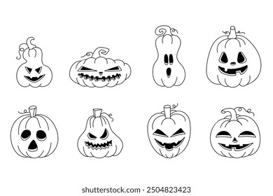 Halloween pumpkin set on white background. Hand-drawn Doodle Pumpkin Lantern for Halloween Decoration