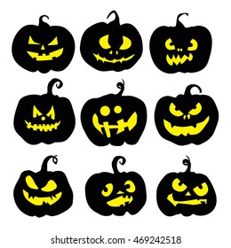 Halloween pumpkin set. Pumpkins with scary faces. Fall or autumn holiday and harvest celebration. Black pumpkins.