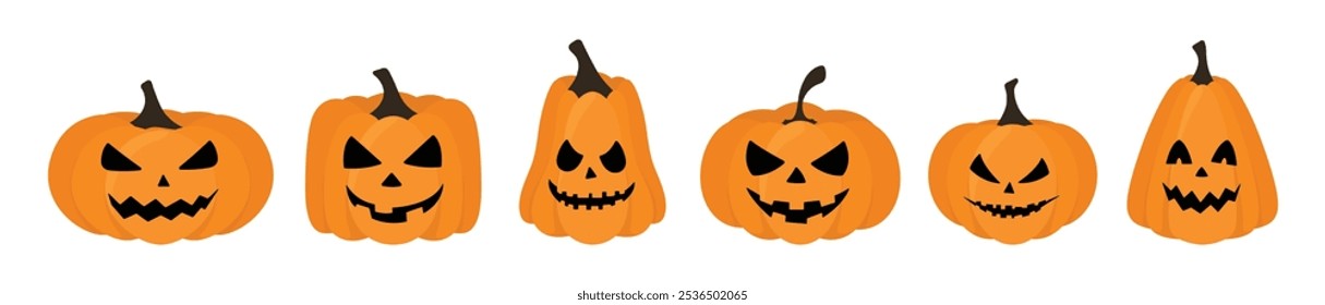 Halloween pumpkin set with scary face in orange color vector illustration. Halloween pumpkin collection on white background.