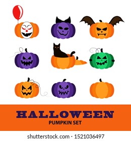 Halloween. Pumpkin set with scary and funny pumpkins to create a festive mood. Vector illustration isolated on white background.