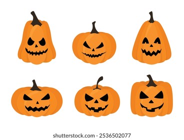 Halloween pumpkin set of six with scary face in orange color vector illustration on white background. Halloween pumpkin vector collection.