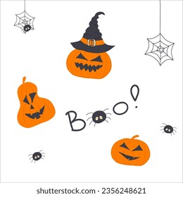 Halloween pumpkin set, spider, spider web, boo. vector isolated cartoon style illustrations
