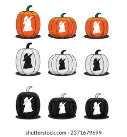 Juego de calabaza de Halloween con una pose para el engaño fantasma espeluznante, calabaza naranja, blanco y negro, vector