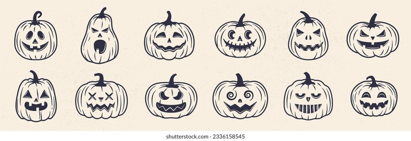 Halloween pumpkin set. Spooky halloween icons. Smiling Monsters faces. Vector illustration