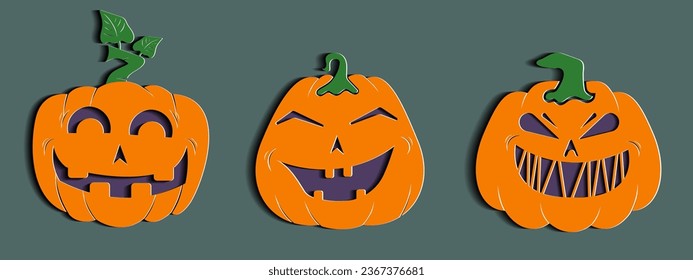 Halloween pumpkin set with unique expresion in paper cut style.