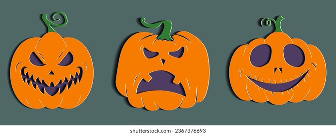 Halloween pumpkin set with unique expresion in paper cut style.