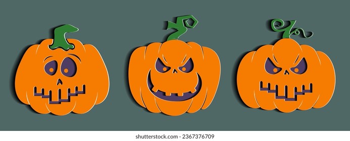 Halloween pumpkin set with unique expresion in paper cut style.