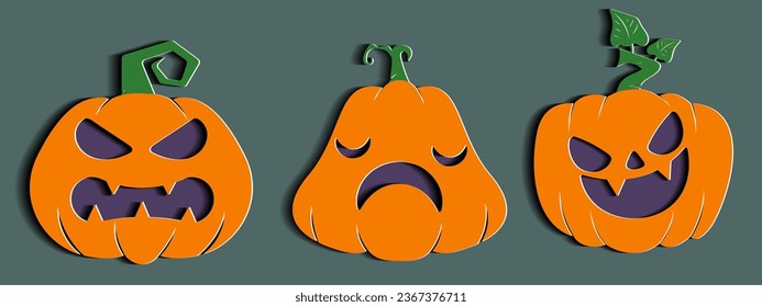 Halloween pumpkin set with unique expresion in paper cut style.