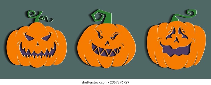 Halloween pumpkin set with unique expresion in paper cut style.