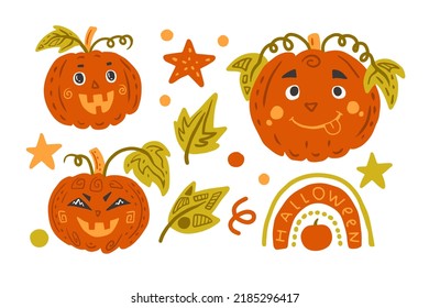 Halloween Kürbis-Set-Vektorgrafik. Festivalgrafik in handgezeichneter Form im Cartoon-Stil. Emotion-Kürbisfigur-Kollektion mit dekorativen Elementen für Kinder, Party, Accessoire