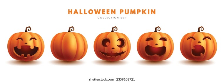 Halloween pumpkin set vector design. Pumpkins, squash and lantern collection isolate in white for creepy, scary and spooky horror mascot elements. Vector illustration pumpkin halloween collection.
