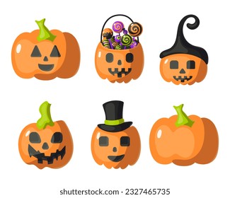 Halloween pumpkin set, vector flat illustration