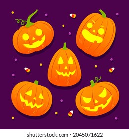 Halloween Pumpkin set ilustración vectorial. Variedad de caras de calabaza en fondo morado