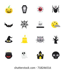 Halloween and Pumpkin. Set of Halloween Vector Illustration Color Icons Flat Style.