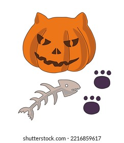 Halloween pumpkin in the shape of a cat's head, a fish skeleton and cat footprints. Set of Halloween items. Vector illustration on a white background