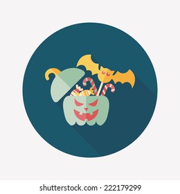 halloween pumpkin shaped box with candies flat icon with long shadow,eps10