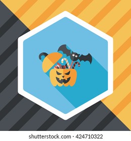 Halloween pumpkin shaped box with candies flat icon