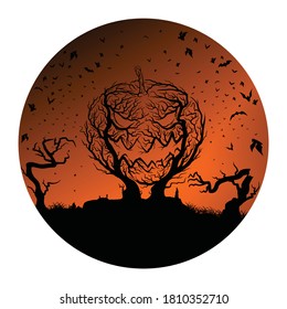 Halloween Pumpkin Shaped Tree Silhouette. Bats flying against the background of the orange sky.