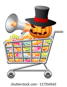 Halloween pumpkin shouting in megaphone and sitting in shoppingcart with sweetmeat. Halloween shopping theme. Isolated vector illustration