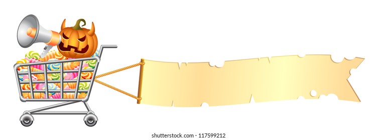 Halloween pumpkin shouting in megaphone and sitting in shoppingcart with sweetmeat and banner. Halloween shopping theme. Isolated vector illustration