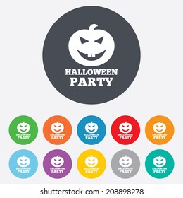 Halloween pumpkin sign icon. Halloween party symbol. Round colourful 11 buttons. Vector