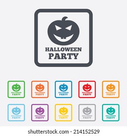Halloween pumpkin sign icon. Halloween party symbol. Round squares buttons with frame. Vector