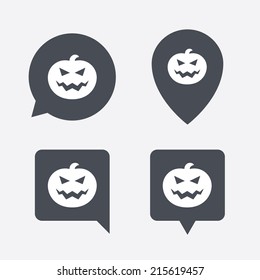 Halloween pumpkin sign icon. Halloween party symbol. Map pointers information buttons. Speech bubbles with icons. Vector