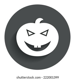 Halloween pumpkin sign icon. Halloween party symbol. Circle flat button with shadow. Modern UI website navigation. Vector