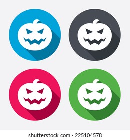 Halloween pumpkin sign icon. Halloween party symbol. Circle buttons with long shadow. 4 icons set. Vector