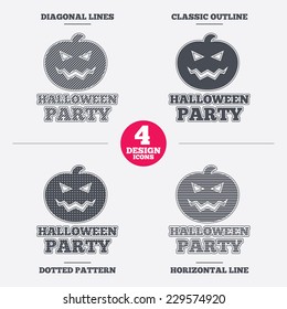 Halloween pumpkin sign icon. Halloween party symbol. Diagonal and horizontal lines, classic outline, dotted texture. Pattern design icons.  Vector
