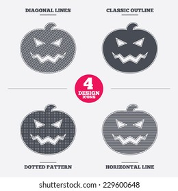 Halloween pumpkin sign icon. Halloween party symbol. Diagonal and horizontal lines, classic outline, dotted texture. Pattern design icons.  Vector