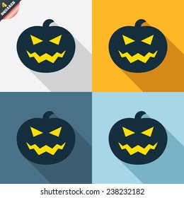 Halloween pumpkin sign icon. Halloween party symbol. Four squares. Colored Flat design buttons. Vector