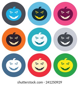 Halloween pumpkin sign icon. Halloween party symbol. Colored round buttons. Flat design circle icons set. Vector