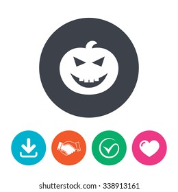 Halloween pumpkin sign icon. Halloween party symbol. Download arrow, handshake, tick and heart. Flat circle buttons.