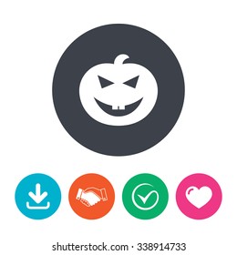 Halloween pumpkin sign icon. Halloween party symbol. Download arrow, handshake, tick and heart. Flat circle buttons.