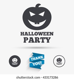 Halloween pumpkin sign icon. Halloween party symbol. Flat icons. Buttons with icons. Thank you ribbon. Vector