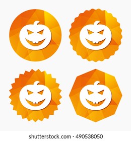 Halloween pumpkin sign icon. Halloween party symbol. Triangular low poly buttons with flat icon. Vector