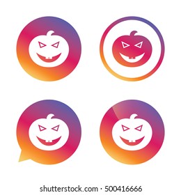 Halloween pumpkin sign icon. Halloween party symbol. Gradient buttons with flat icon. Speech bubble sign. Vector