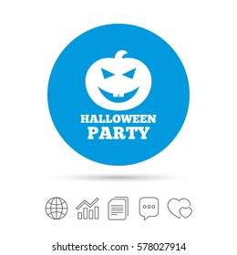 Halloween pumpkin sign icon. Halloween party symbol. Copy files, chat speech bubble and chart web icons. Vector