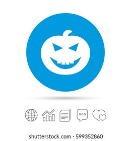 Halloween pumpkin sign icon. Halloween party symbol. Copy files, chat speech bubble and chart web icons. Vector