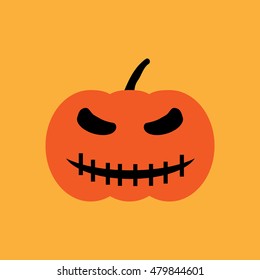 Halloween pumpkin sign. Image of jack-o-lantern. Color icon isolated on orange background. Symbol of autumn holiday. Logo for party. Horror face on vegetable. Mark of All hallows' day. Stock vector