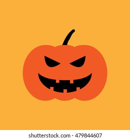 Halloween pumpkin sign. Image of jack-o-lantern. Color icon isolated on orange background. Symbol of autumn holiday. Logo for party. Horror face on vegetable. Mark of All hallows' day. Stock vector