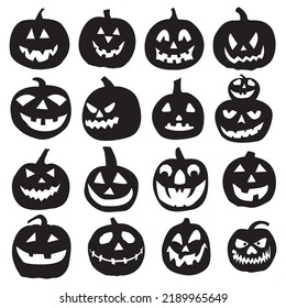 Halloween pumpkin silhouette collection, elements for Halloween decorations. Set of pumpkins. Collection of pumpkin faces for Halloween. 